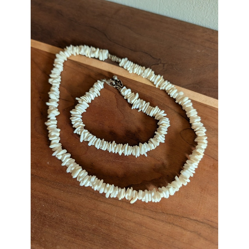 Vintage White Puka Shell Chip Necklace and Bracelet/Anklet Set Coastal Surfer